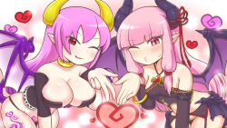 Rule 34 | 2girls, :3, :d, bare shoulders, black panties, blowing kiss, blush, breasts, brooch, character request, choker, demon girl, demon horns, demon tail, demon wings, hand up, heart, horn ornament, horns, jewelry, kotonoha akane, large breasts, leaning forward, long hair, looking at viewer, multiple girls, o3o, one eye closed, open mouth, panties, pink background, pink hair, pointy ears, purple hair, rantana (lalalalackluster), red eyes, slit pupils, small breasts, smile, spread wings, standing, demon girl, tail, tassel, underwear, voiceroid, wings