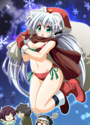 Rule 34 | 1girl, :o, alternate costume, bag, bikini, blue background, blue hair, blush, boots, bow, bow bikini, breasts, brown scarf, chibi, chibi inset, christmas, cleavage, commentary request, curvy, eyelashes, eyes visible through hair, f20 (funimaru), feet up, full body, fur-trimmed gloves, fur trim, gift bag, gloves, green bow, green eyes, green ribbon, hair between eyes, hands up, hat, highres, holding, holding bag, hoshino yumemi, jumping, light blue hair, long hair, looking down, low twintails, medium breasts, midair, navel, open mouth, planetarian, red bikini, ribbon, robot ears, santa boots, santa gloves, santa hat, scarf, side-tie bikini bottom, simple background, skindentation, snowflakes, solo focus, sweatdrop, swimsuit, tareme, thighs, translation request, twintails, very long hair