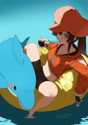 Rule 34 | 1girl, bike shorts, black gloves, black shorts, brown eyes, brown hair, cabbie hat, clothing cutout, collarbone, dolphin, drawstring, fingerless gloves, flasso, floating, food, food in mouth, gloves, guilty gear, guilty gear strive, hat, highres, hood, hoodie, innertube, long hair, looking at viewer, may (guilty gear), mr. dolphin (guilty gear), navel, orange headwear, orange hoodie, ponytail, popsicle, shorts, shoulder cutout, side-tie shirt, soaking feet, solo focus, sweat, swim ring, water