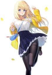 Rule 34 | 1girl, :o, arm up, bag, black pantyhose, blonde hair, blue eyes, blue skirt, blush, breasts, brown footwear, commentary request, floating hair, ginkgo leaf, hair between eyes, highres, jacket, leaf, loafers, long hair, long sleeves, looking at viewer, medium breasts, off shoulder, open clothes, open jacket, original, pantyhose, parted lips, pleated skirt, ririko (zhuoyandesailaer), saegusa futaba, shirt, shoes, shoulder bag, simple background, skirt, solo, standing, standing on one leg, thick eyebrows, thighband pantyhose, very long hair, white background, white shirt, yellow jacket