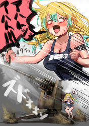 Rule 34 | 1girl, 88 flak, bare legs, blonde hair, blush, firing, german text, glasses, hat, hey taisyou, highres, i-8 (kancolle), kantai collection, low twintails, military, name tag, school swimsuit, smile, swimsuit, twintails, weapon, world war ii