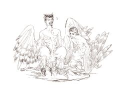 Rule 34 | +++, 2boys, akaashi keiji, animal feet, bird legs, bird tail, bird wings, blood, blood on face, bokuto koutarou, carcass, chengongzi123, closed eyes, commentary, dead animal, deer, english commentary, fangs, feather hair, feathered wings, full body, haikyuu!!, harpy boy, highres, kneeling, licking lips, male focus, monochrome, monster boy, monsterification, multiple boys, open mouth, short hair, simple background, squatting, tail, talons, tongue, tongue out, very short hair, white background, winged arms, wings