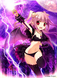 Rule 34 | 10s, 1girl, ange vierge, black thighhighs, blush, boots, bow, collarbone, daikan&#039;yama ebisu, demon girl, demon horns, demon tail, demon wings, fang, framboise (ange vierge), gradient background, horns, navel, official art, original, pink hair, pointy ears, red eyes, showgirl skirt, solo, striped, striped background, tail, tail bow, tail ornament, thighhighs, two side up, wand, wings