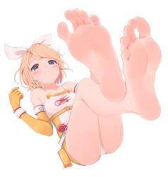 Rule 34 | 1girl, absurdres, ass, bare legs, bare shoulders, barefoot, blonde hair, blue eyes, blush, bow, breasts, closed mouth, clothes writing, collarbone, commission, dress, elbow gloves, feet, feet up, foot focus, foreshortening, gloves, hair bow, highres, kagamine rin, kahlua (artist), legs up, lying, on back, panties, short dress, short hair, skeb commission, small breasts, smile, soles, solo, toes, two-tone dress, underwear, vocaloid, white dress, white panties, wristband, yellow dress, yellow gloves
