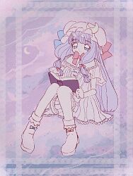 Rule 34 | 1990s (style), 1girl, blue bow, blue ribbon, blunt bangs, book, boots, bow, bowtie, capelet, collared shirt, crescent, crescent hat ornament, dress, footwear bow, frilled dress, frilled shirt collar, frills, full body, hair bow, hair ribbon, hat, hat ornament, hat ribbon, highres, holding, holding book, long hair, looking at viewer, mob cap, open book, pastel colors, patchouli knowledge, purple eyes, purple hair, red bow, red bowtie, red ribbon, retro artstyle, ribbon, shirt, sidelocks, simple background, sitting, smile, solo, striped clothes, striped dress, supi-upu, touhou, tress ribbon