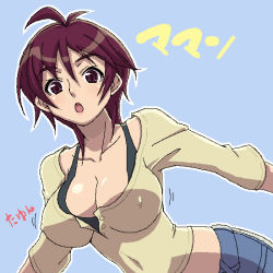 Rule 34 | 00s, 1girl, amaha masane, blouse, blue background, bouncing breasts, breasts, covered erect nipples, covered navel, face, haganemaru kennosuke, large breasts, open mouth, shirt, simple background, solo, witchblade, yellow shirt