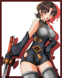 Rule 34 | 1041 (toshikazu), 1girl, :d, alternate costume, bare shoulders, brown eyes, brown hair, chai xianghua, detached sleeves, hair ornament, hand on own hip, looking at viewer, namco, open mouth, short hair, smile, solo, soul calibur, soulcalibur, soulcalibur iii, standing, sword, thighhighs, weapon