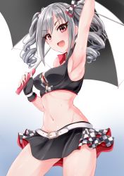Rule 34 | 1girl, arm up, armpits, bare shoulders, belt, black gloves, black skirt, blush, bow, breasts, crop top, drill hair, eyelashes, fingerless gloves, gloves, gradient background, grey hair, hair bow, highres, idolmaster, idolmaster cinderella girls, kanzaki ranko, long hair, looking at viewer, medium breasts, navel, open mouth, race queen, red eyes, shirushiru (saitou888), skirt, smile, solo, thighs, twin drills, twintails, umbrella