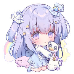 Rule 34 | 1girl, blue bow, blue dress, blue footwear, blush, bow, chibi, closed mouth, commentary request, dress, full body, hair bow, hair ornament, heart, heart hair ornament, hugging object, kneeling, long hair, long sleeves, looking at viewer, lowres, original, pacifier, puffy long sleeves, puffy sleeves, purple eyes, purple hair, rainbow, shirt, shoes, simple background, sleeves past wrists, smile, socks, solo, star (symbol), star hair ornament, stuffed animal, stuffed panda, stuffed rabbit, stuffed toy, stuffed winged unicorn, two side up, usashiro mani, very long hair, white background, white shirt, white socks