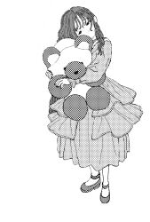Rule 34 | 1girl, closed mouth, dress, full body, greyscale, halftone, head tilt, highres, holding, holding stuffed toy, long hair, long sleeves, looking at viewer, monochrome, original, screentones, shoes, simple background, skna i, solo, standing, stuffed animal, stuffed toy, teddy bear, white background