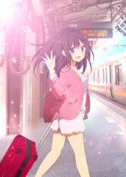 Rule 34 | 1girl, bag, black hair, blush, bracelet, day, handbag, jewelry, long hair, looking at viewer, luggage, necklace, original, outdoors, pearl necklace, purple eyes, ragho no erika, rolling suitcase, smile, solo, suitcase, train, train station, walking, waving