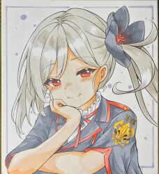 Rule 34 | 1girl, absurdres, black flower, black jacket, blue archive, blush, closed mouth, commentary request, dakkusu, flower, grey hair, hair flower, hair ornament, highres, jacket, long hair, looking at viewer, marker (medium), mutsuki (blue archive), parted bangs, photo (medium), red eyes, roman numeral, short sleeves, side ponytail, smile, solo, traditional media, upper body