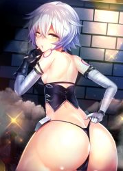 Rule 34 | ass, bandages, black panties, blush, breasts, fate/apocrypha, fate (series), highres, jack the ripper (fate/apocrypha), looking at viewer, looking back, medium breasts, open mouth, panties, scar, silly (marinkomoe), solo, tattoo, thong, underwear, white hair, yellow eyes