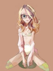 1girl amiami blonde_hair blue_eyes bra female_focus glasses hair_over_one_eye lipstick makeup panties parted_lips sitting solo underwear wariza wavy_hair