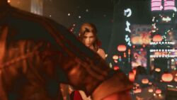 Rule 34 | 1girl, aerith gainsborough, animated, animated gif, brown hair, dress, feet, final fantasy, final fantasy vii, final fantasy vii remake, fireworks, green eyes, high heels, official alternate costume, red dress, red eyes, sandals, smile, square enix, toes, wall market