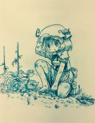 Rule 34 | 1girl, aki minoriko, arinu, blush, commentary request, dirty, dirty clothes, dirty face, dirty feet, farmer, farming, food, highres, potato, short hair, solo, sweat, touhou, traditional media, weeds