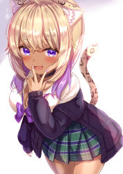 Rule 34 | 1girl, :3, :d, animal ear fluff, animal ears, black cardigan, black choker, blonde hair, blush, bow, bowtie, breasts, cardigan, cat girl, choker, cleavage, commentary request, cowboy shot, dark-skinned female, dark skin, fangs, female focus, gradient hair, grey skirt, gyaru, highres, hololive, large breasts, leopard ears, leopard girl, leopard tail, long sleeves, looking at viewer, loose bowtie, multicolored hair, nail polish, nekomata okayu, open cardigan, open clothes, open mouth, plaid, plaid skirt, pleated skirt, purple bow, purple bowtie, purple eyes, purple hair, purple nails, shirt, simple background, skirt, smile, solo, standing, tail, tail raised, v, v over mouth, virtual youtuber, white background, white shirt, yuano