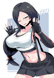 Rule 34 | 1girl, alternate eye color, black gloves, black hair, black skirt, bracelet, breasts, brown eyes, cleavage, cowboy shot, crop top, elbow gloves, final fantasy, final fantasy vii, final fantasy vii remake, fingerless gloves, gloves, groin, highres, jewelry, large breasts, legs apart, long hair, low-tied long hair, miniskirt, navel, one eye closed, open mouth, pleated skirt, shimure (460), shirt, skirt, solo, sports bra, suspender skirt, suspenders, suspenders pull, tifa lockhart, white shirt