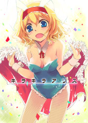 Rule 34 | 1girl, alice margatroid, animal ears, blonde hair, blue eyes, blush, bow, breasts, rabbit ears, playboy bunny, cape, cleavage, collarbone, confetti, detached collar, fake animal ears, female focus, fishnet pantyhose, fishnets, looking at viewer, open mouth, pantyhose, short hair, sleeveless, smile, solo, text focus, touhou, wrist cuffs, yuu (kfc)