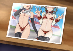 Rule 34 | 2girls, alternate costume, asake ameji, audience, bikini, black legwear, blush, boots, breasts, cleavage, commentary request, cropped jacket, double v, elbow gloves, full body, gloves, gluteal fold, gradient hair, green eyes, jacket, kantai collection, long hair, midriff, multicolored hair, multiple girls, navel, open mouth, photo (object), race queen, red bikini, shoukaku (kancolle), single thighhigh, small breasts, smile, stadium, standing, sweat, swimsuit, thigh boots, thighhighs, twintails, umbrella, underboob, v, very long hair, white jacket, zuikaku (kancolle)