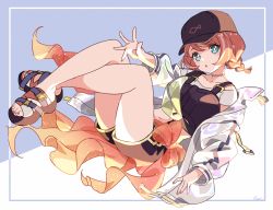 Rule 34 | 1girl, :o, bare legs, baseball cap, black hat, black shorts, black vest, blue background, bow, braid, brown hair, choker, collarbone, commentary request, fanny pack, floating, full body, greek toe, green eyes, hand up, hari611, hat, highres, jacket, long sleeves, looking at viewer, medium hair, midriff, navel, off shoulder, orange bow, orange sash, original, sandals, sash, shirt, short shorts, shorts, signature, solo, thighs, toes, two-tone background, vest, white background, white jacket, white shirt