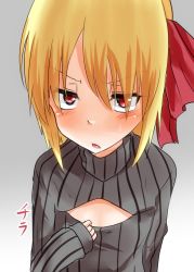 Rule 34 | 1girl, blonde hair, blush, bow, cleavage cutout, clothing cutout, hair bow, meme attire, open-chest sweater, red eyes, ribbed sweater, rumia, solo, sweatdrop, sweater, takorice, touhou