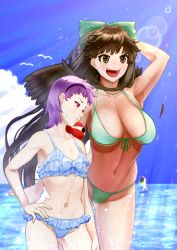Rule 34 | 3girls, annoyed, arm at side, arm up, armpits, bikini, bird wings, black wings, blue sky, blush, bow, breast envy, breasts, brown eyes, brown hair, burikarun, cat, cleavage, commentary request, cowboy shot, day, eyeball, flat chest, frilled bikini, frills, front-tie bikini top, front-tie top, frown, gluteal fold, green bikini, green bow, green hair, groin, hair bow, hairband, halterneck, hand on own hip, hat, height difference, horizon, kaenbyou rin, kaenbyou rin (cat), komeiji koishi, komeiji satori, large breasts, long hair, looking afar, looking at another, looking at breasts, medium hair, multiple girls, navel, ocean, open mouth, outdoors, purple hair, red eyes, reiuji utsuho, side-by-side, sky, smile, standing, stomach, sunlight, swimsuit, third eye, throwing, touhou, v-shaped eyebrows, very long hair, water, wet, wind, wings