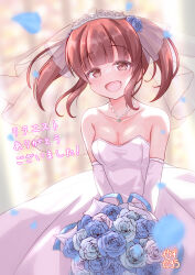 Rule 34 | 1girl, bare shoulders, blue flower, blue rose, blurry, blurry background, blush, bouquet, breasts, bridal veil, brown hair, cleavage, collarbone, dress, elbow gloves, falling petals, flower, gloves, hair flower, hair ornament, highres, holding, holding bouquet, idolmaster, idolmaster cinderella girls, looking at viewer, ogata chieri, petals, rose, small breasts, smile, solo, strapless, strapless dress, tiara, twintails, veil, wedding dress, white dress, white gloves, yasutarou
