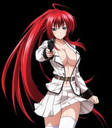 Rule 34 | 10s, 1girl, ahoge, breasts, cleavage, collarbone, floating hair, green eyes, gun, hair between eyes, high school dxd, holding, holding gun, holding weapon, jacket, large breasts, long hair, looking at viewer, navel, open clothes, open jacket, pleated skirt, ponytail, red hair, rias gremory, shiny skin, skirt, smile, solo, thighhighs, transparent background, very long hair, weapon, white jacket, white skirt, white thighhighs, zettai ryouiki