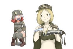 Rule 34 | 2girls, arms behind back, bdsm, blonde hair, blue eyes, bondage, boots, bound, bra, brown eyes, buhanka-chan, camouflage, camouflage jacket, chair, constricted pupils, copium (meme), cross, cross necklace, dildo, drawfag, femdom, gag, gagged, hat, helmet, imminent rape, improvised gag, jacket, jacket on shoulders, jewelry, lube, marichka, meme, military, military hat, combat helmet, military uniform, multiple girls, necklace, pale skin, red cross, red hair, russo-ukrainian war, scared, sex toy, simple background, sitting, strap-on, tape, tape gag, thighhighs, underwear, uniform, white background, yuri