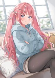 Rule 34 | 1girl, black pantyhose, blue eyes, blue hoodie, blurry, blurry background, blush, bow, couch, crossed arms, crossed legs, depth of field, drawstring, feet out of frame, grey shorts, hair bow, hair flowing over, hair ornament, hairclip, hood, hood down, hoodie, indoors, kurasawa moko, long hair, long sleeves, on couch, original, pantyhose, pillow, pink hair, puffy long sleeves, puffy sleeves, short shorts, shorts, sleeves past wrists, smile, solo, twintails, very long hair, white bow, window