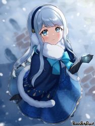 Rule 34 | 1girl, bad id, bad pixiv id, black gloves, blue bow, blue capelet, blue eyes, blue skirt, blush, bow, capelet, character request, closed mouth, commentary request, copyright name, earmuffs, elbow gloves, from above, fur-trimmed capelet, fur trim, gloves, hand up, high-waist skirt, long hair, looking at viewer, looking up, official art, pandora party project, segawa luna, shirt, silver hair, skirt, snow, snowing, solo, standing, very long hair, watermark, white shirt