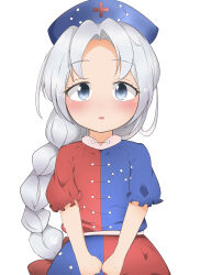 Rule 34 | 1girl, absurdres, aged down, blue dress, blue eyes, blush, bow, child, commentary request, constellation print, dot nose, dress, expressionless, flat chest, frills, grey hair, hair bow, hashiro fumi, hat, highres, long hair, looking at viewer, low-braided long hair, low-tied long hair, nurse cap, parted bangs, parted lips, puffy short sleeves, puffy sleeves, red bow, red dress, short sleeves, simple background, solo, tareme, touhou, two-tone dress, v arms, very long hair, white background, yagokoro eirin