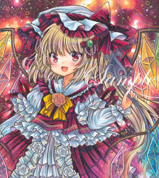 Rule 34 | 1girl, :d, blonde hair, bow, bowtie, cowboy shot, crystal, fang, flandre scarlet, flower, frilled hat, frilled shirt collar, frills, hat, holding, holding wand, juliet sleeves, laevatein (touhou), long hair, long sleeves, looking at viewer, marker (medium), mob cap, open mouth, orange flower, orange rose, puffy sleeves, rainbow order, red background, red eyes, red skirt, red theme, red vest, rose, rui (sugar3), sample watermark, shirt, sidelocks, skin fang, skirt, skirt set, smile, solo, too many, too many frills, touhou, traditional media, very long hair, vest, wand, watermark, white hat, white shirt, wings, yellow bow, yellow bowtie