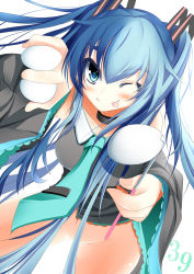 Rule 34 | 1girl, :p, blue eyes, blue hair, blush, bottomless, censored, convenient censoring, detached sleeves, egg, hatsune miku, highres, ladle, long hair, matching hair/eyes, necktie, one eye closed, simple background, smile, solo, sukage, tongue, tongue out, twintails, very long hair, vocaloid, white background, wink