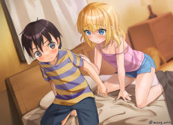 Rule 34 | 1boy, 1girl, alternate costume, artist name, backpack, bag, bare shoulders, barefoot, black hair, blanket, blonde hair, blue eyes, blue shorts, blurry, blurry background, blush, child, closed mouth, collarbone, curtains, flat chest, grey eyes, hand up, highres, indoors, kneeling, kurubushi no katamari, lamp, looking at another, mother (game), mother 2, multicolored shirt, nervous, ness (mother 2), nintendo, on bed, paula (mother 2), pillow, pink shirt, shirt, shirt tug, short hair, short shorts, short sleeves, shorts, side slit, sidelocks, signature, sleeveless, sleeveless shirt, spaghetti strap, split mouth, strap slip, striped clothes, striped shirt, sweat, twitter username, unworn backpack, unworn bag, wavy mouth