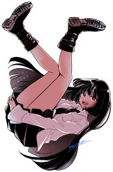 Rule 34 | 1girl, black bow, black bowtie, black skirt, boots, bow, bowtie, hands on own thighs, legs up, long hair, long sleeves, looking at viewer, open mouth, orange eyes, original, pleated skirt, shirt, simple background, skirt, smile, solo, sugano manami, white background, white shirt
