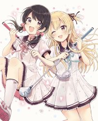 Rule 34 | 2girls, :d, ;d, black hair, black ribbon, blonde hair, blue ribbon, blush, bow, brown eyes, collared dress, commentary request, dress, fang, floral background, flower, golf club, grey background, hair between eyes, hair bow, hair ribbon, highres, holding, long hair, low twintails, miyasato haruka, multiple girls, neck ribbon, one eye closed, one side up, open mouth, pink bow, pink ribbon, pleated dress, ribbon, sakura oriko, shoe soles, shoes, short sleeves, signature, smile, socks, swing!!, twintails, very long hair, white dress, white flower, white footwear, white legwear, yokomine ibuki