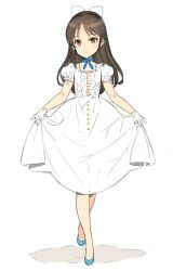Rule 34 | 1girl, black hair, blue footwear, blue ribbon, blush, bow, brown eyes, choker, commentary request, curtsey, dress, gloves, hair bow, idolmaster, idolmaster cinderella girls, long hair, looking at viewer, ooyari ashito, ribbon, ribbon choker, short sleeves, simple background, sketch, skirt hold, smile, solo, tachibana arisu, white background, white bow, white dress, white gloves