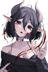 Rule 34 | 1girl, ahoge, arm tattoo, black camisole, blood, blood on face, breasts, camisole, choker, hair between eyes, highres, hiroside, horns, looking at viewer, medium breasts, off-shoulder sweater, off shoulder, open mouth, original, pointy ears, purple eyes, short hair, solo, sweater, tattoo, upper body, white background