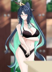 Rule 34 | 1girl, bra, breasts, collarbone, genshin impact, grin, highres, large breasts, lingerie, long hair, looking at viewer, navel, panties, simple background, smile, tablecloth1510, underwear, xianyun (genshin impact)