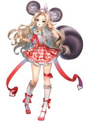 Rule 34 | 1girl, animal ears, arm up, blade &amp; soul, blonde hair, blouse, full body, hairband, highres, kneehighs, leg ribbon, long hair, lyn (blade &amp; soul), m/, \n/, pink eyes, pink skirt, plaid, plaid skirt, red footwear, ribbon, rity, shirt, shoes, simple background, skirt, smile, socks, solo, squirrel ears, squirrel tail, tail, thigh ribbon, transparent background, very long hair, white background, white shirt, white socks