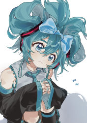 Rule 34 | 1girl, absurdres, aqua eyes, aqua necktie, black sleeves, blue bow, bow, cinnamiku, collared shirt, detached sleeves, folded twintails, grey nails, grey shirt, hair between eyes, hair bow, hatsune miku, highres, knees up, nail polish, necktie, seeshin see, shirt, sleeveless, sleeveless shirt, sleeves past wrists, solo, updo, vocaloid, white background