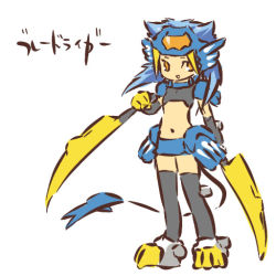 Rule 34 | 1girl, armor, blade liger, blue hair, flat chest, orange eyes, personification, simple background, solo, sword, tail, thighhighs, weapon, yellow eyes, zoids