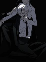 Rule 34 | 2girls, black background, black eyes, black footwear, black jacket, black necktie, black pants, black suit, chainsaw man, collared shirt, commentary, eyepatch, formal, grabbing another&#039;s chin, hand on another&#039;s arm, hand on another&#039;s chin, hand on another&#039;s face, head out of frame, highres, jacket, long sleeves, looking at viewer, low ponytail, makima (chainsaw man), medium hair, multiple girls, necktie, one eye covered, open mouth, pants, quanxi (chainsaw man), roru (lol dessin), shirt, shoes, simple background, sitting, smile, suit, white hair, white shirt, yuri