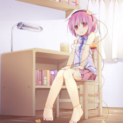 Rule 34 | 1girl, :t, alternate costume, bare arms, barefoot, book, casual, chair, contemporary, curtains, desk, desk lamp, hairband, hassai, heart, highres, indoors, knees together feet apart, komeiji satori, lamp, miniskirt, pink eyes, pink hair, pout, shirt, sitting, skirt, sleeveless, sleeveless shirt, solo, third eye, touhou