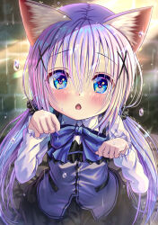 Rule 34 | 1girl, animal ear fluff, animal ears, black scrunchie, black skirt, blue bow, blue hair, blue vest, blurry, blurry background, blush, bow, cat ears, chestnut mouth, collared shirt, commentary request, eyes visible through hair, gochuumon wa usagi desu ka?, hair between eyes, hair ornament, hair scrunchie, hands up, highres, kafuu chino, kemonomimi mode, long hair, long sleeves, looking at viewer, low twintails, open mouth, outdoors, paw pose, rabbit house uniform, rain, rouge (my rouge), scrunchie, shirt, skirt, solo, sparkle, tareme, twintails, vest, waitress, water drop, wet, wet hair, white shirt, x hair ornament
