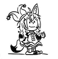 Rule 34 | 1girl, ahoge, animal ears, back bow, bow, braid, charles schulz (style), closed mouth, commission, commissioner upload, dawn (paper dawn), dress, fox ears, fox girl, full body, greyscale, hair bow, hand up, hat, hololive, jester cap, long hair, monochrome, non-web source, omaru polka, omaru polka (1st costume), parody, pointy footwear, side braid, simple background, single braid, smile, solo, standing, style parody, tilted headwear, virtual youtuber, white background