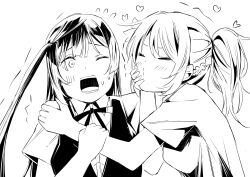 Rule 34 | 2girls, absurdres, blush, closed mouth, collared shirt, commentary request, facing another, flying sweatdrops, furrowed brow, greyscale, hand on another&#039;s face, hand on another&#039;s shoulder, heart, highres, holding another&#039;s wrist, imminent kiss, long hair, looking at another, love live!, love live! nijigasaki high school idol club, medium hair, miyashita ai, monochrome, multiple girls, neck ribbon, nijigasaki school uniform, one eye closed, one side up, open mouth, ponytail, puckered lips, ribbon, school uniform, shirt, sidelocks, summer uniform, sweat, tommer, upper body, white background, yuki setsuna (love live!)