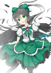 Rule 34 | 1girl, absurdres, alternate costume, alternate hairstyle, bad id, bad pixiv id, black hair, black thighhighs, cape, dress, feathers, female focus, frilled dress, frills, green eyes, highres, long hair, open mouth, ponytail, reiuji utsuho, simple background, skirt, smile, solo, thighhighs, third eye, touhou, wings, zukapin